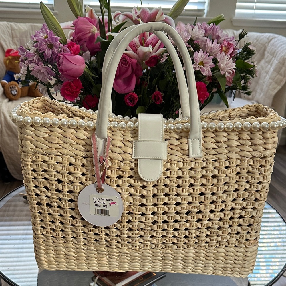 Woven Pearl-Trim Tote Bag in Cream